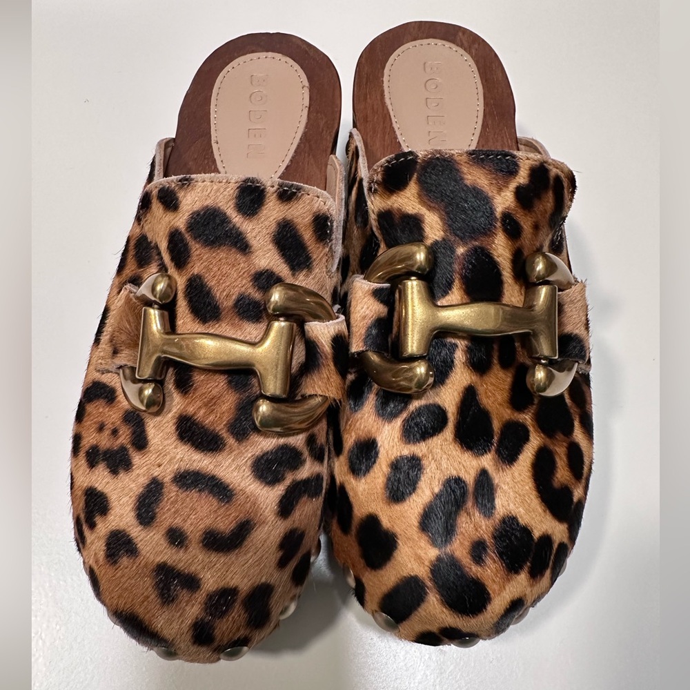 Leopard Print Slip-On Mules with Gold Buckle